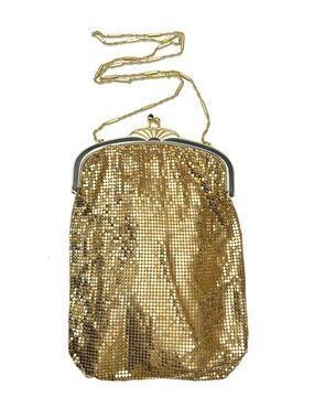 Vintage Whiting & Davis Gold Metal Mesh Black Enamel Purse Clutch Chain Flapper